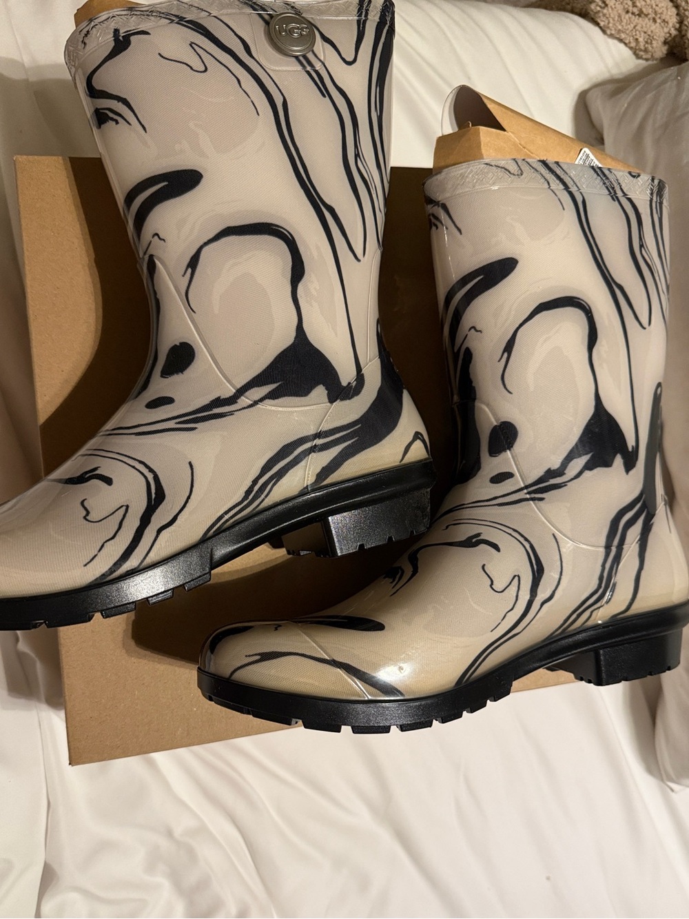 UGG Beige Marble-Print Rain Boots with Black Swirl Accents